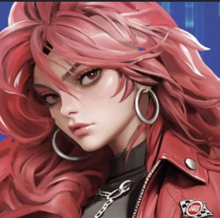 Scarlett hero portrait, with long pink-red hair